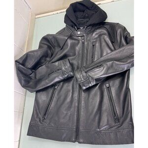 Lamarque Hooded Leather Jacket Mens M Moto 100% Genuine Lambskin Removable Liner